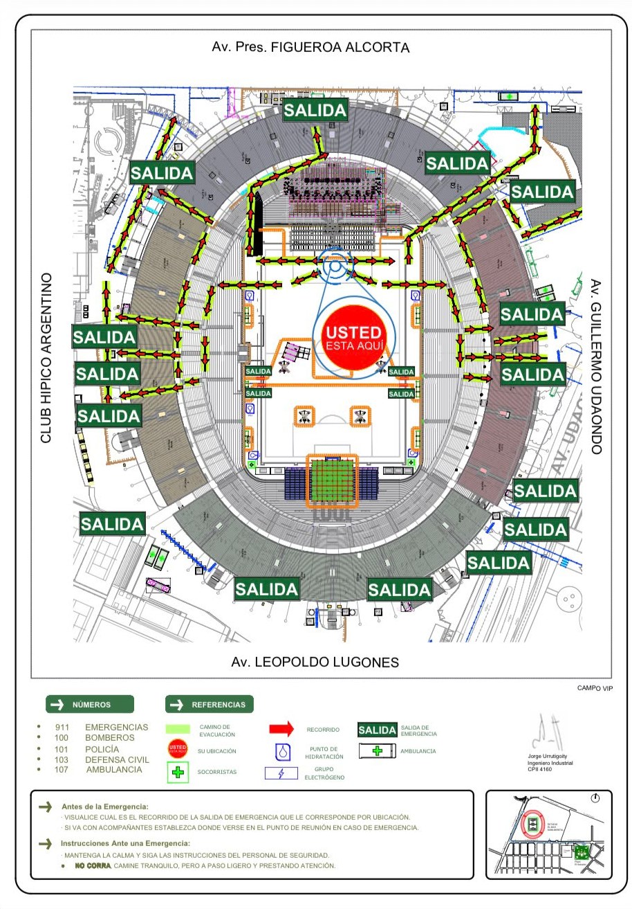 Plano de evacuación del Estadio River Plate para Bad Bunny, febrero de 2026: salidas de emergencia, recorridos y campo VIP