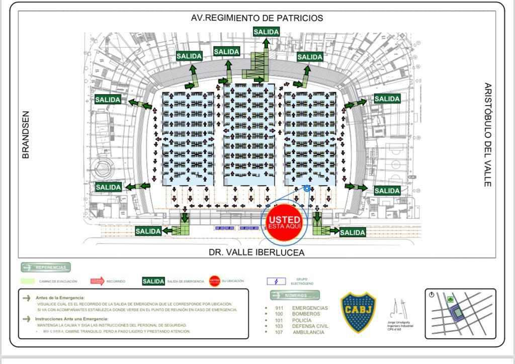 Plano de evacuación del Estadio Boca Juniors con las mesas de votación sobre el campo de juego, elecciones de diciembre 2023