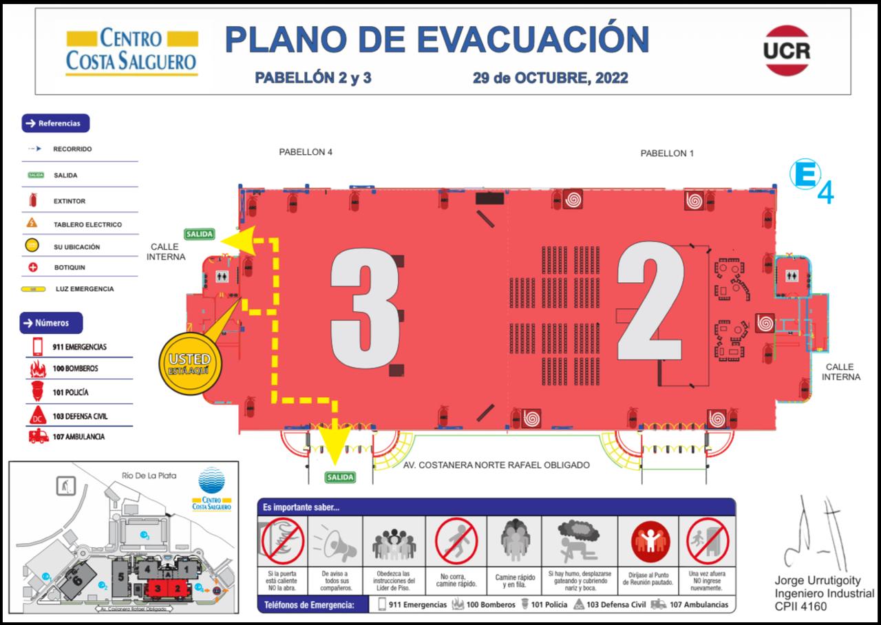 Plano de evacuación del acto de la UCR en el Centro Costa Salguero, pabellones 2 y 3, 29 de octubre de 2022