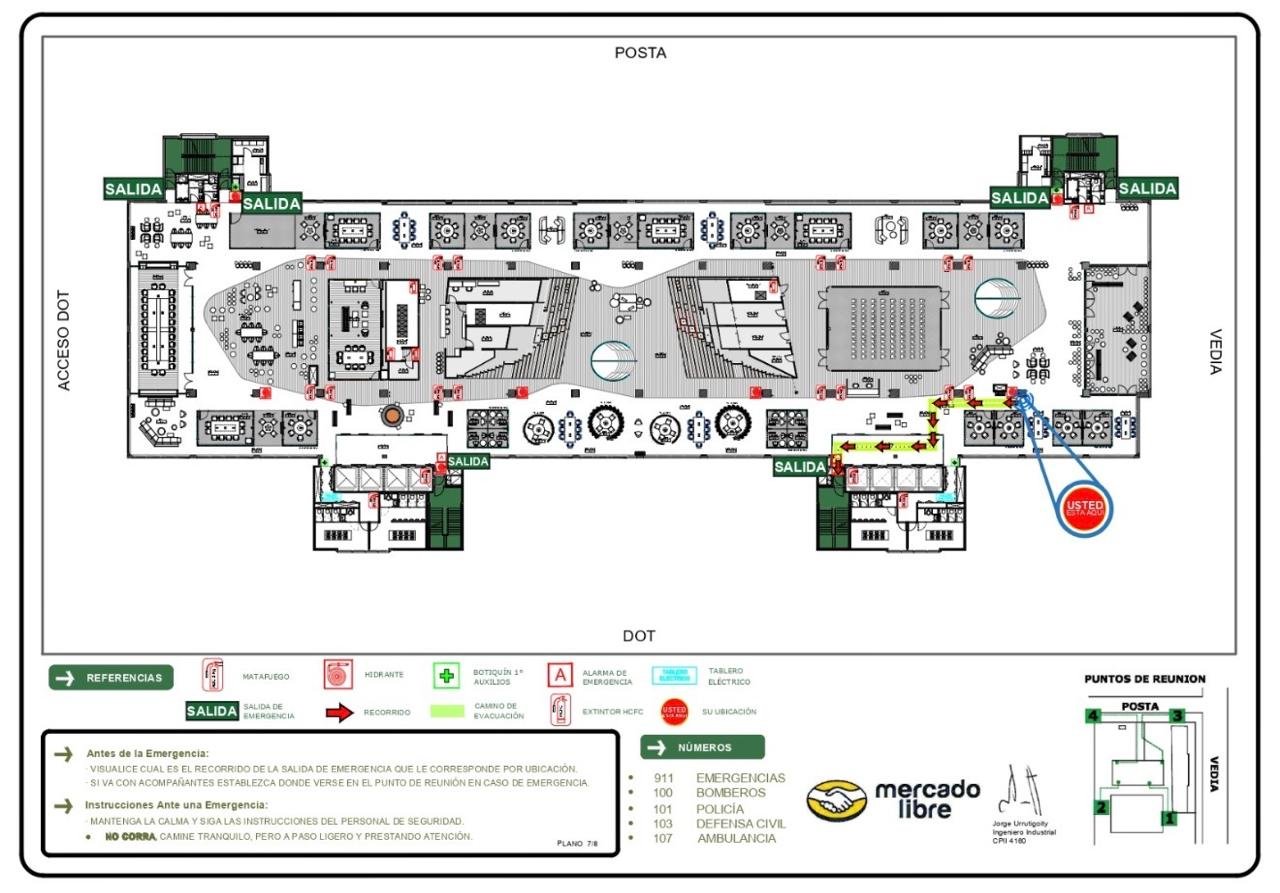 Plano de evacuación de las oficinas de Mercado Libre (Posta / DOT) para Meli Celebra, diciembre de 2025: salidas, recorridos y puntos de reunión