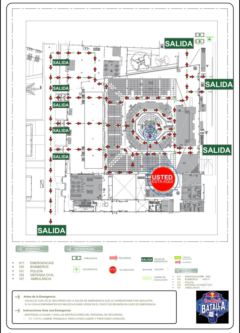 Plano de evacuación de Red Bull Batalla 2025 en Tecnópolis: salidas, recorridos y escenario central