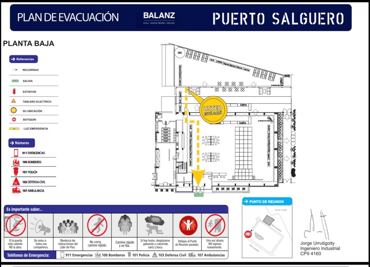 Plan de evacuación de Puerto Salguero, planta baja, para eventos empresariales de noviembre y diciembre de 2025