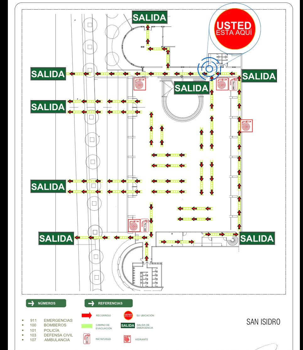 Plano de evacuación del Salón Tattersall, Hipódromo de San Isidro: recorridos, salidas de emergencia, matafuegos e hidrantes